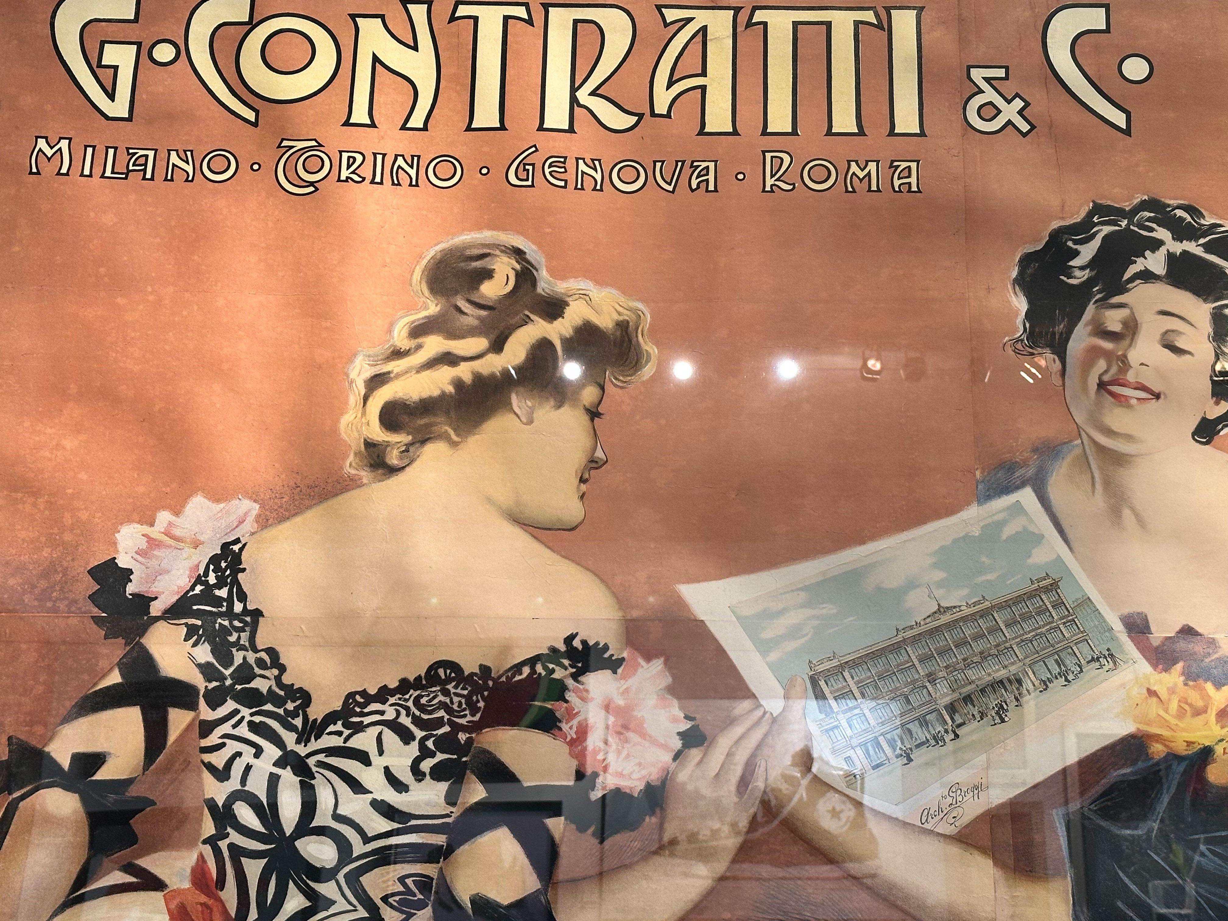 Raro manifesto di moda originale in litografia su pietra di grandi dimensioni (formato 2 fogli) di Aleardo Villa, 1890. Si tratta di una pubblicità di G. Contratti and Co. a Milao, Torino, Genova e Roma. Questa splendida pubblicità in stile art