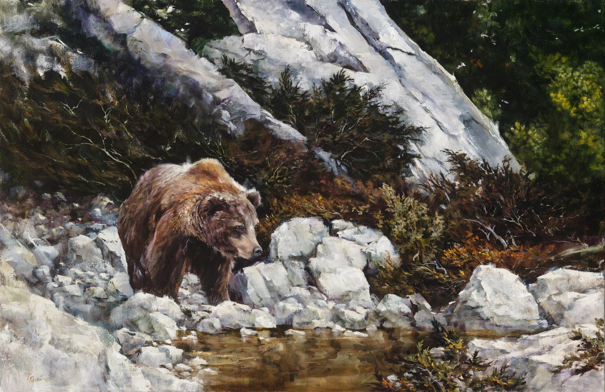 "Afternoon Drink", Robert Fobear, Oil on Linen, Wildlife, Forest, Bear, Creek