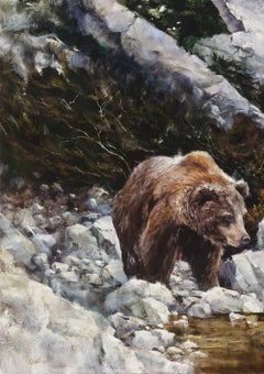 "Bevanda pomeridiana", Robert Fobear, Olio su tela, Fauna selvatica, Foresta, Orso, Torrente