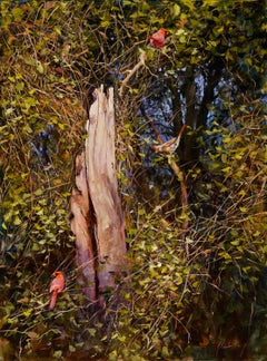 « Love Triangle », Robert Fobear, huile sur toile, réalisme, faune, forêt, oiseau