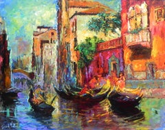 "Rendez-vous Ventetien", Gerard Valtier, Oil on Canvas, Venice, Gondola, Street