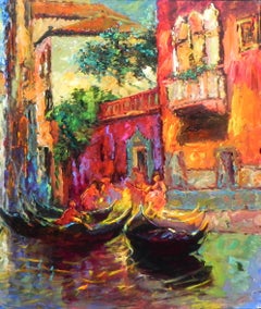 „Rendez-vous Ventetien“, Gerard Valtier, Öl auf Leinwand, Venedig, Gondola, Straße