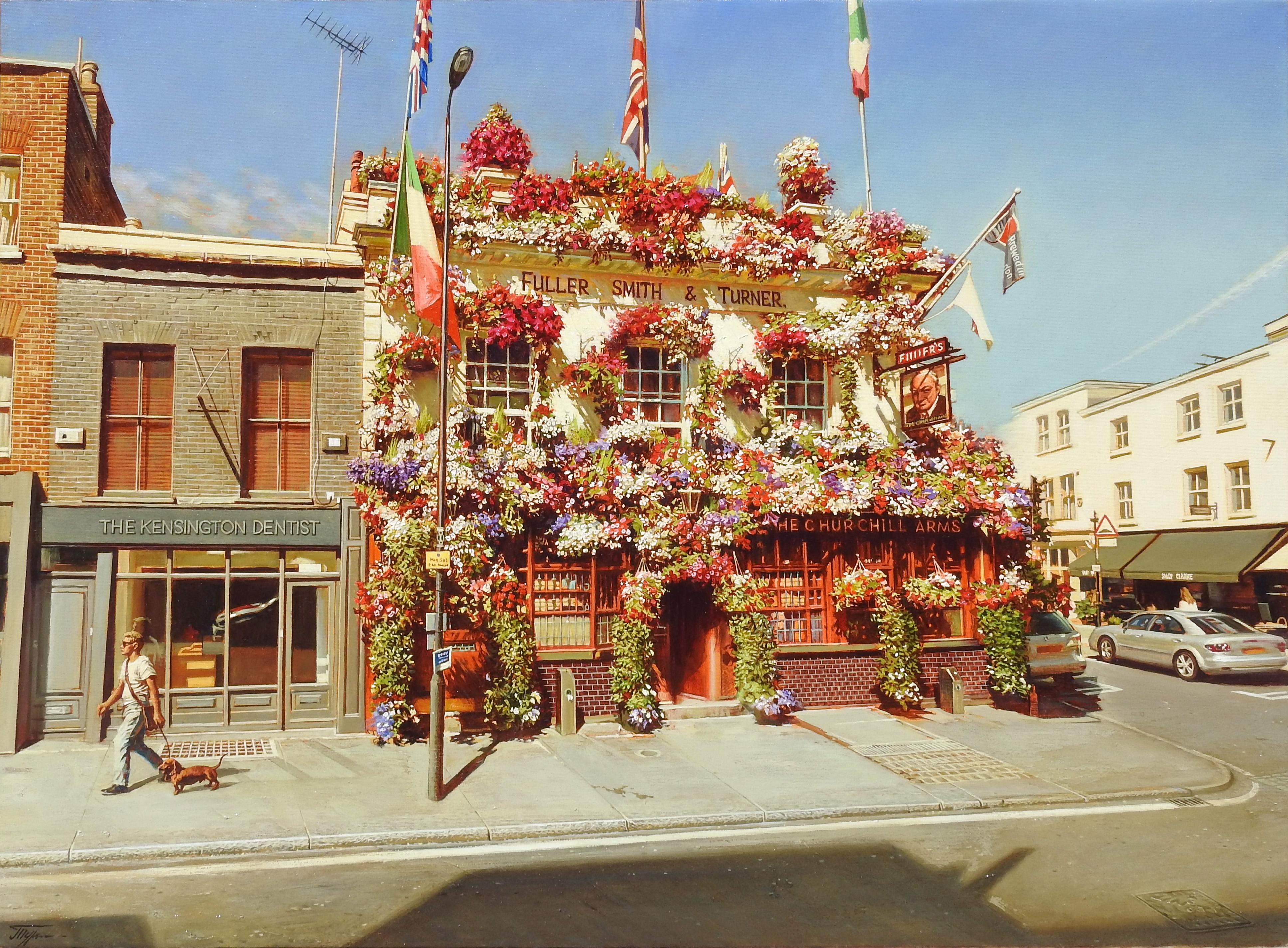Oleg Turchins "Churchill Arms, Pub" ist ein Ölgemälde auf Leinwand mit den Maßen 30" x 40". Das Gemälde ist eine wunderschöne fotorealistische Darstellung eines berühmten Pubs in Notting Hill, Kingsington, London. Das mit roten, lila und weißen