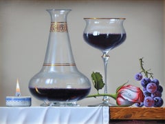 "Personal Touch", Javier Mulio, Oil on Board, Realistic Still Life, Wine & Rose