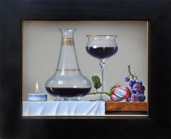 "Personal Touch", Javier Mulio, Oil on Board, Realistic Still Life, Wine & Rose