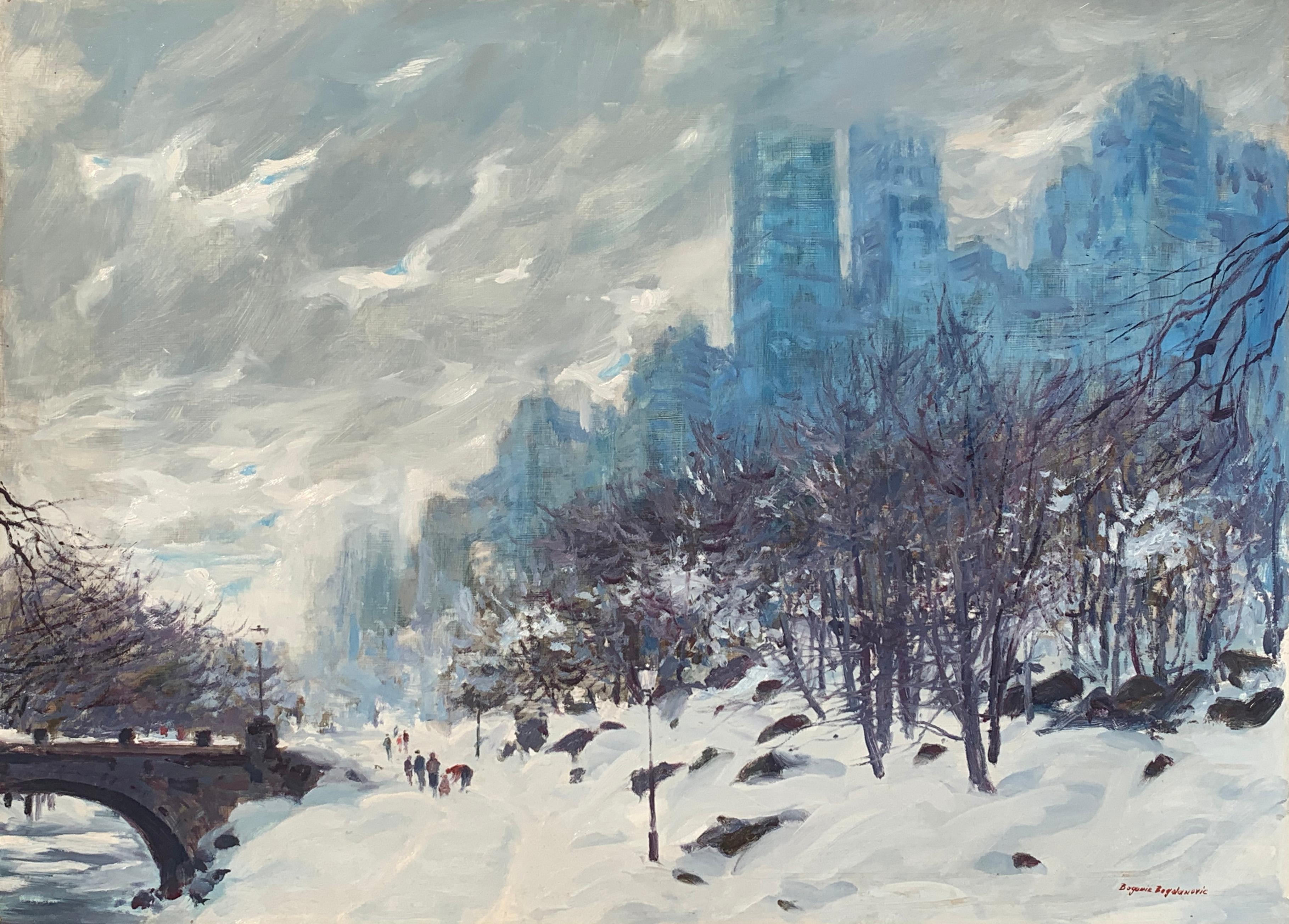 "Winter in New York", Bogomir Bogdanovic, Oil on Board, Impressionist, Snow