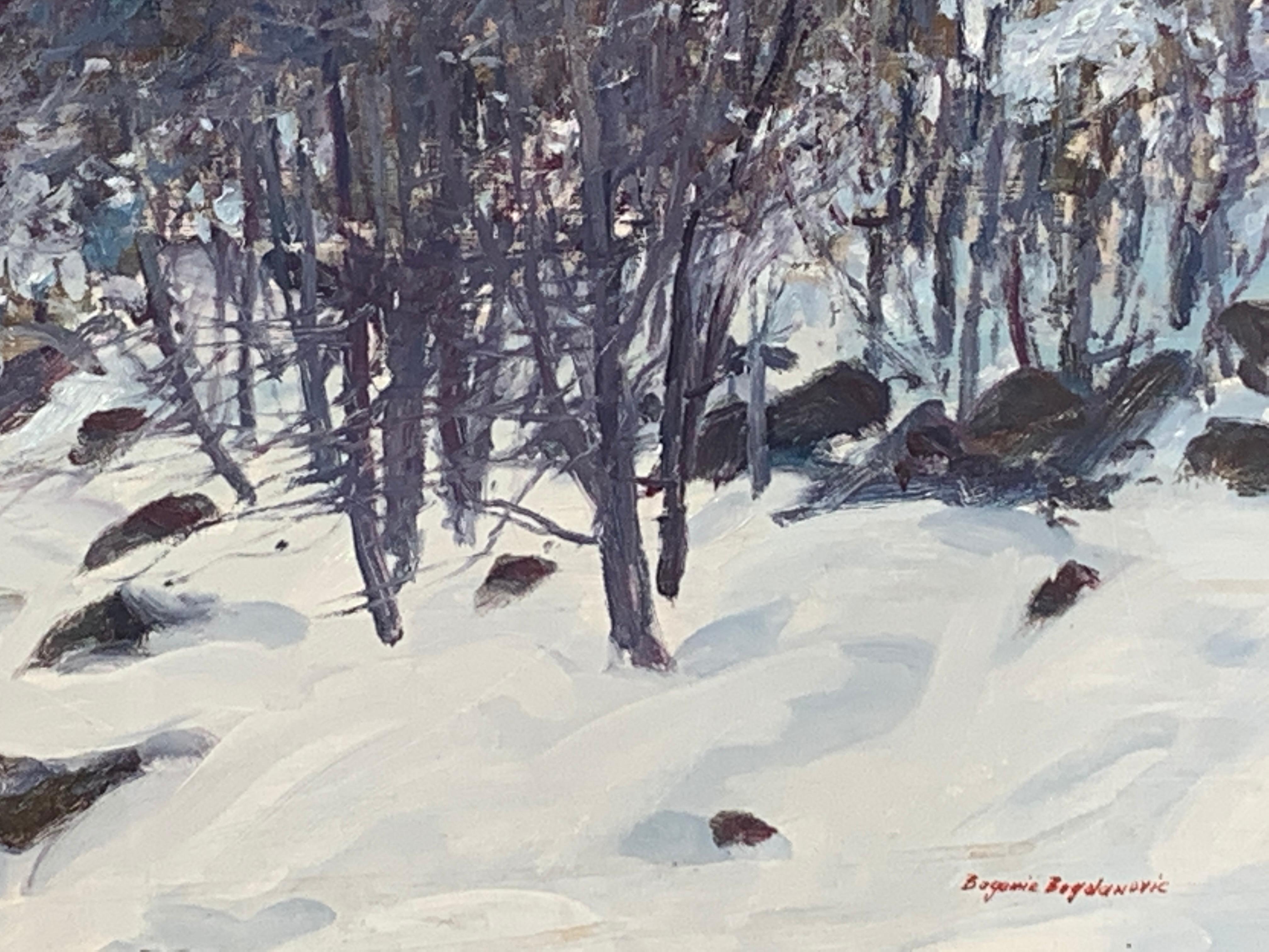 This original oil painting from Bogomir Bogdanovic is a perfect representation of his paintings that he is most known for of Central Park New York in the snow. In this original oil painting you can see people with their families walking around in