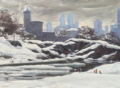 "Central Park - Shakespeare Theater", Bogomir Bogdanovic, huile sur panneau, neige 