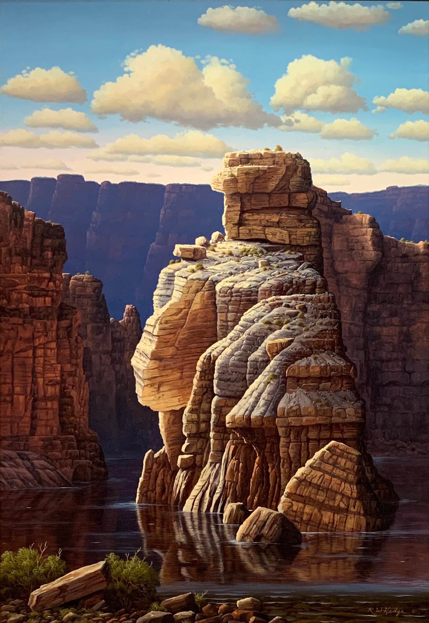 R. W. Hedge Landscape Painting – ""Temple at the River"", R.W. Hedge, Original Öl auf Leinwand, 36x24, Grand Canyon