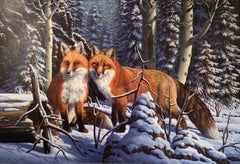 Retro "Touch of Red", R.W. Hedge, Original Oil on Canvas, 31x50 in, Red Fox, Landscape