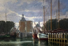 "Scène de port", Henni de Korte, 19x27 pouces, huile sur toile, impressionnisme classique