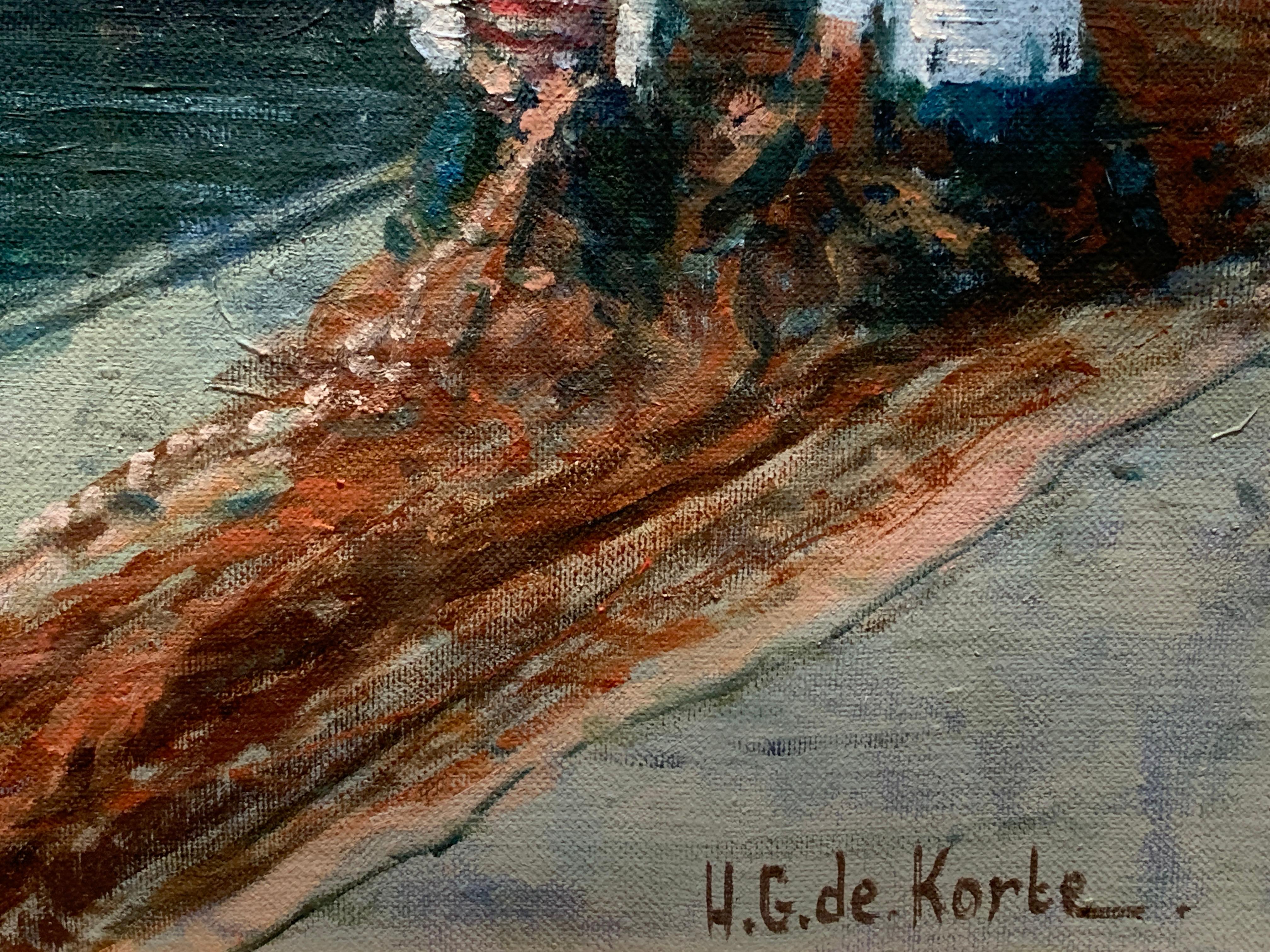 „Repairing the Nets“, Henni de Korte, 19x23 Zoll, Öl auf Leinwand, Impressionismus (Grau), Figurative Painting, von H. G. de Korte