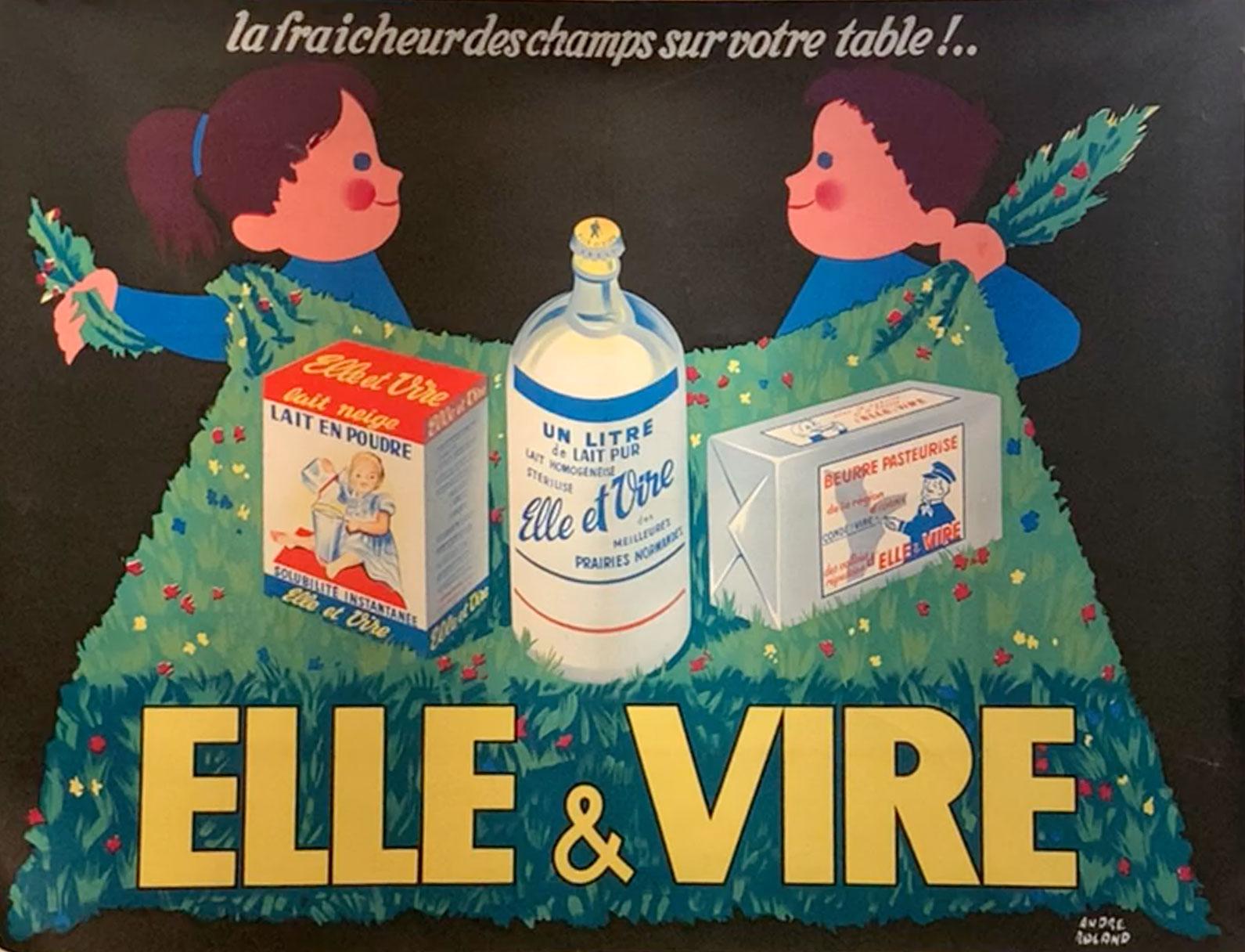 "Elle & Vire ¡La Frescura de los Campos en tu mesa!" artista: André Roland. Tamaño: 56 x 76. Año: 1960. Soporte de lino de archivo en buen estado; listo para enmarcar.

Litografía original en piedra con soporte de lino:
Andrea Roland 
Elle & Vire