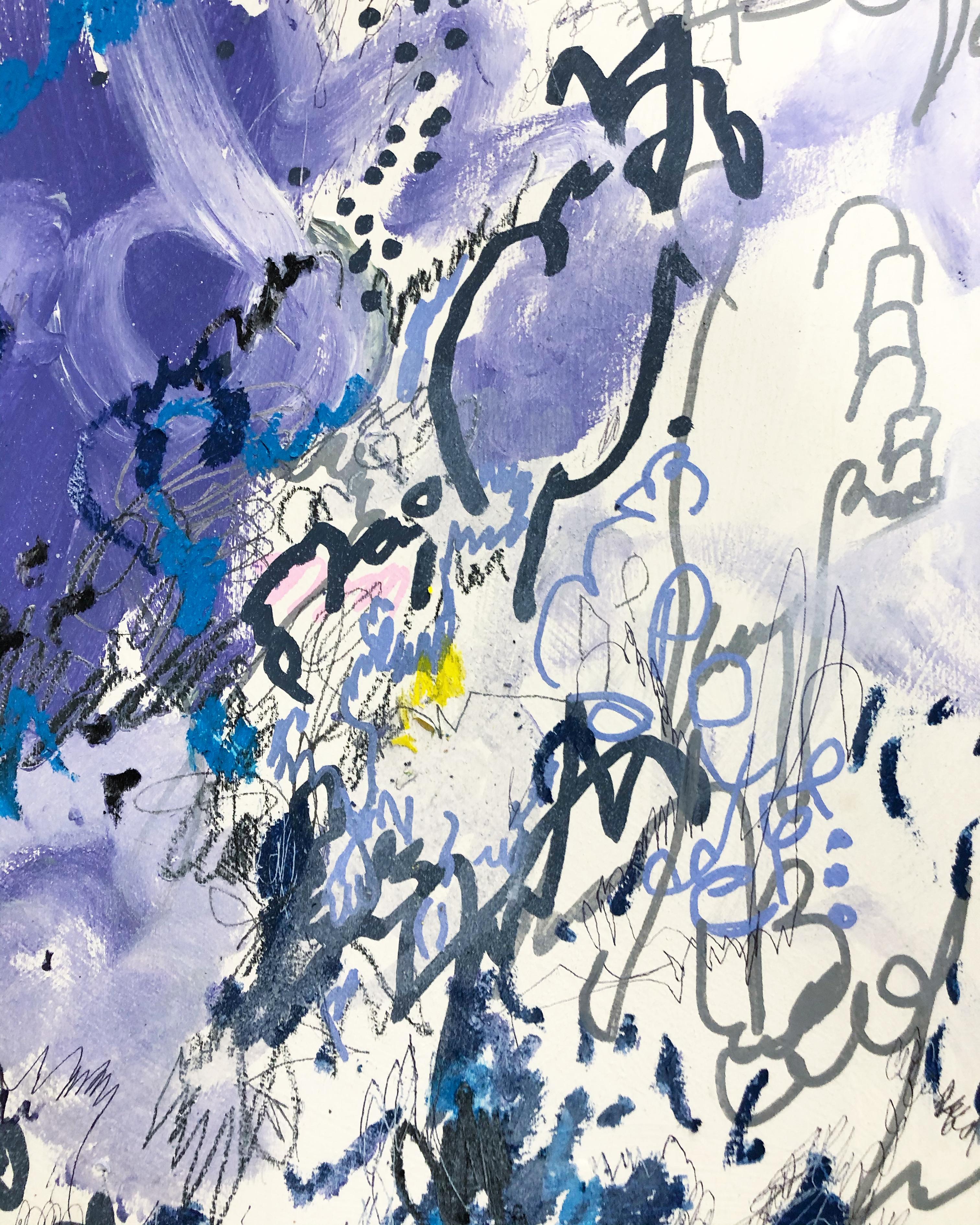 In “Existential Drama”, American Emerging Artist Millie Weeks works in Acrylic Paint, Gesso, Oil Pastel, Pencil, Spray Paint and Permanent Marker on Wood in order to create a diverse piece with a focus on movement and small details. Through this