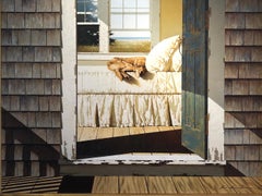 ZHEN HUAN LU "Sleeping Dog on Bed" classic realist beach house oil painting
