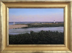 SERGIO ROFFO "Martha's Vineyard Lighthouse" realist sunset landscape with boats 