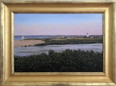SERGIO ROFFO "Martha's Vineyard Lighthouse" realist sunset landscape with boats