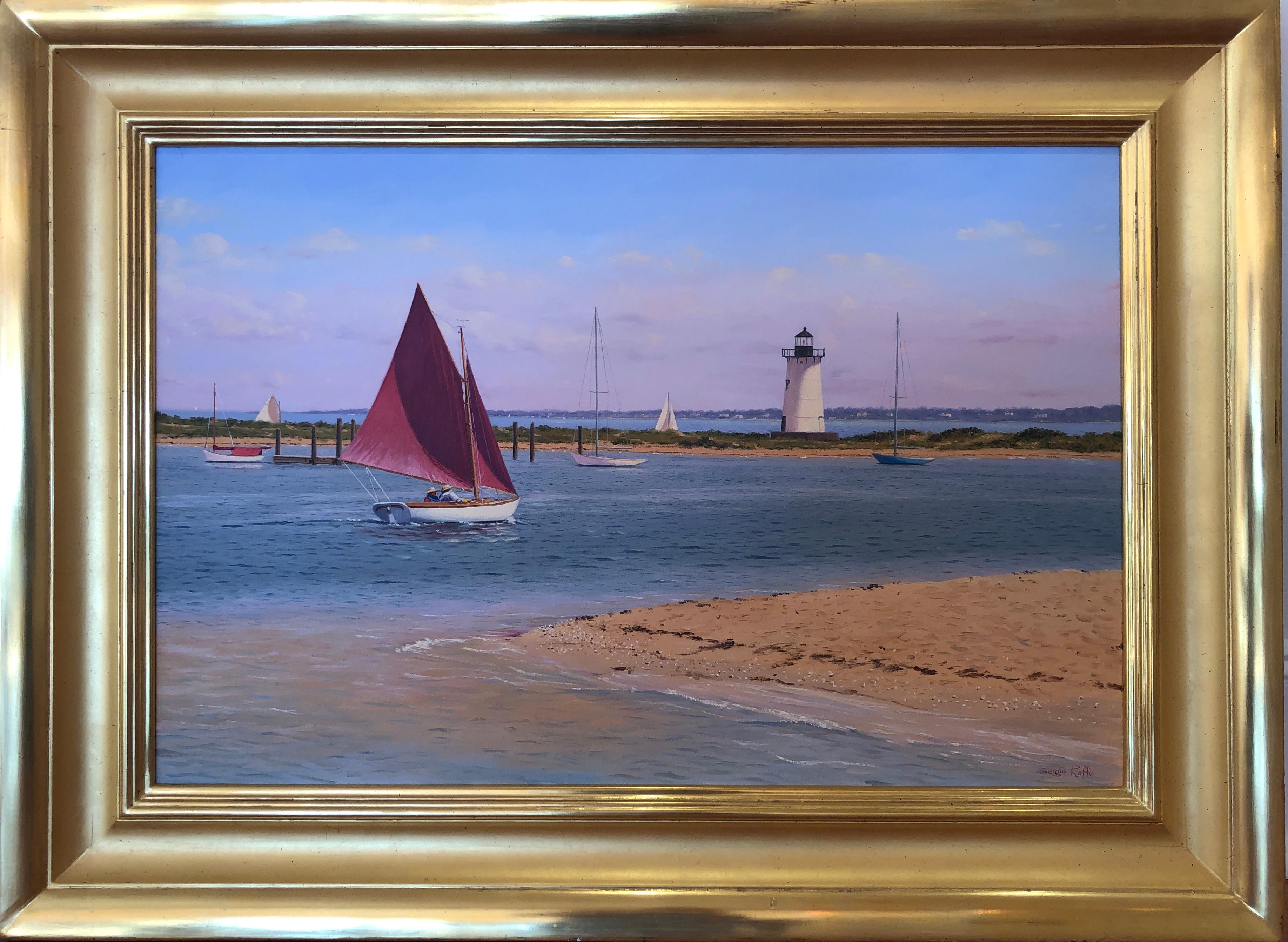 Sergio Roffo Landscape Painting - SERGIO ROFFO "Sailboat and Vineyard Lighthouse" sunset seascape oil painting 
