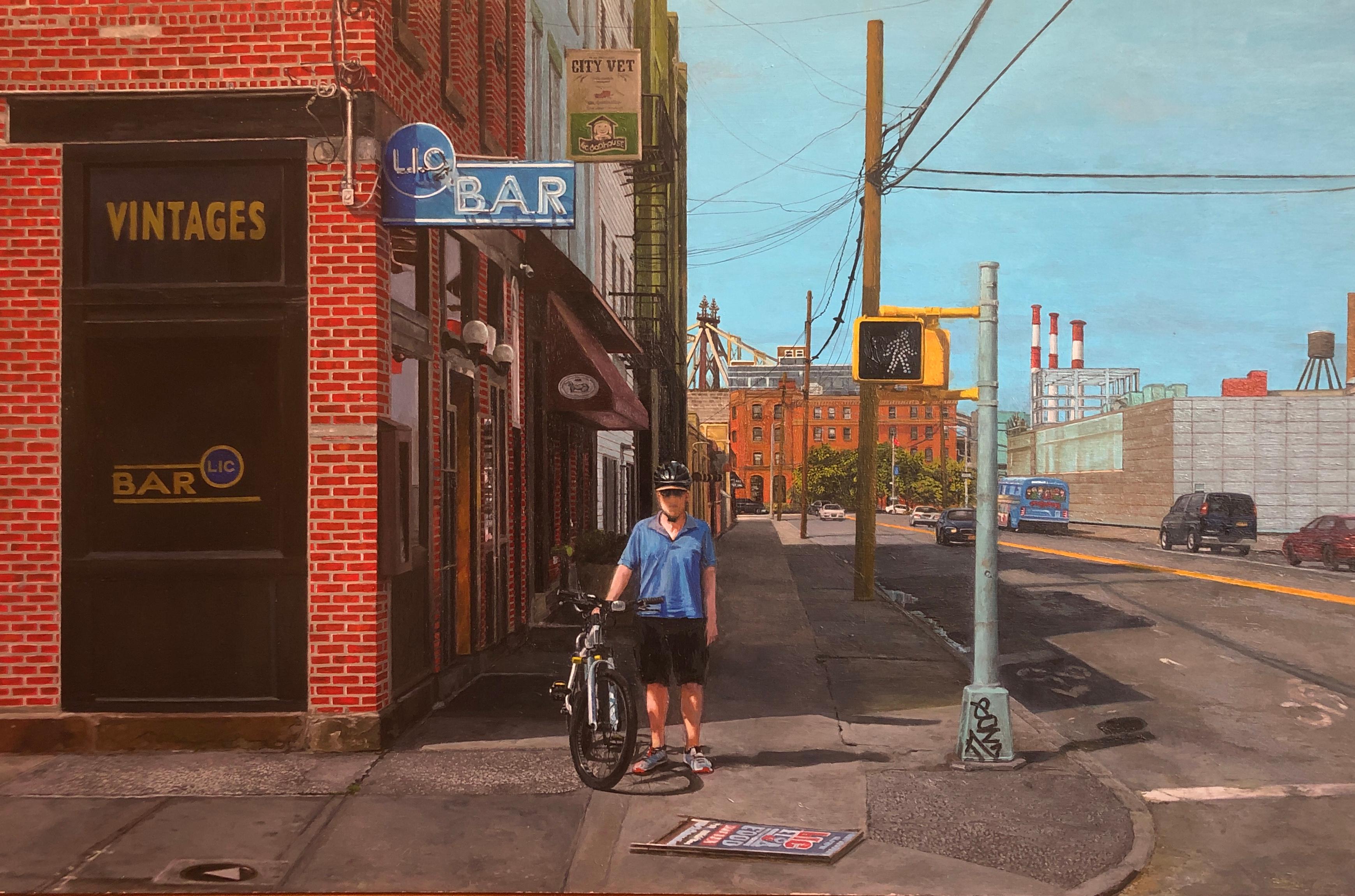 David Desimone Figurative Painting - DAVID DESIMONE, "LIC Bar" oil on panel, American realist NYC urban landscape 