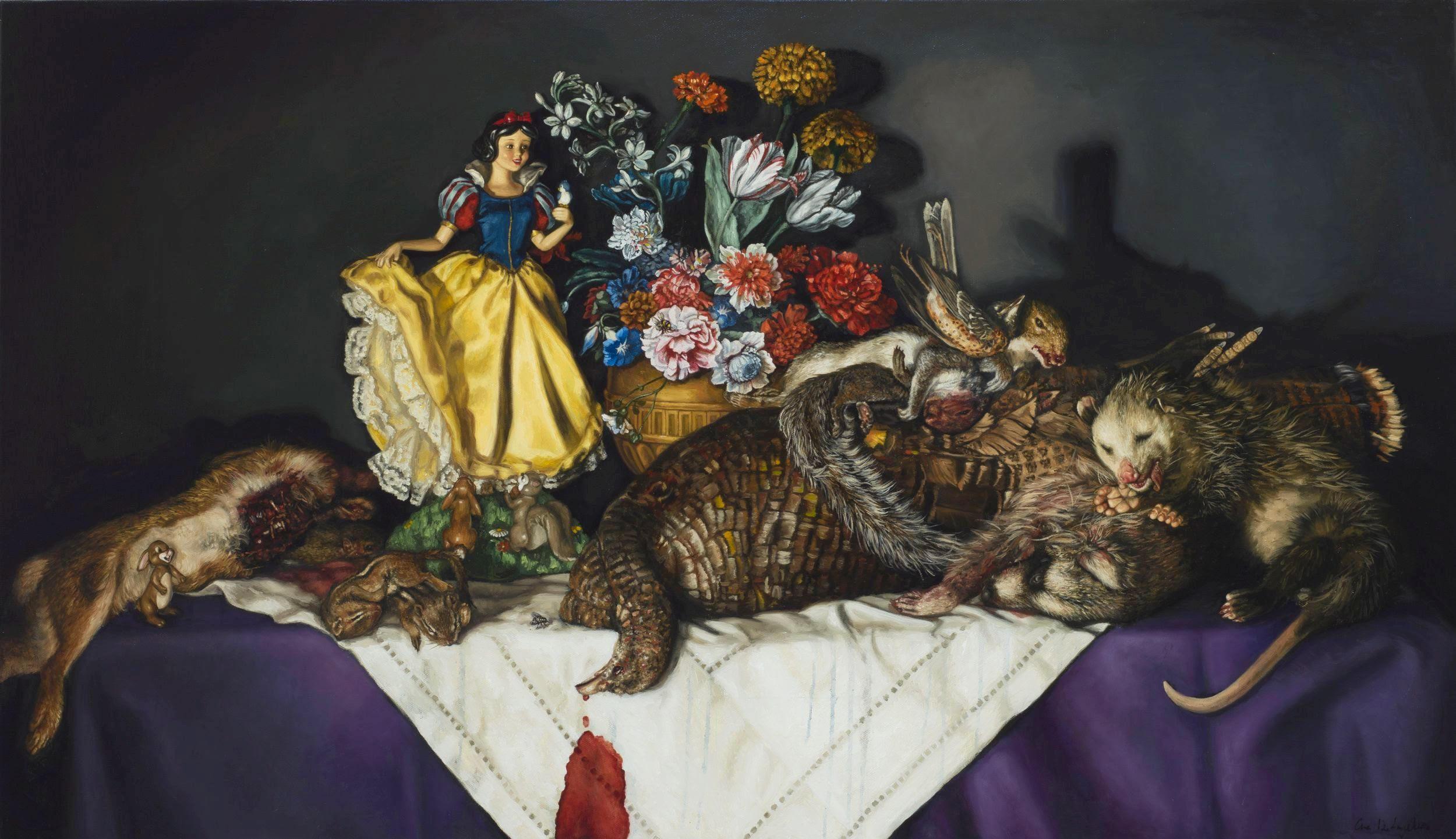 Cara DeAngelis Still-Life Painting - CARA DEANGELIS, "Snow White w Laid Table of Road Kill" realist oil still life