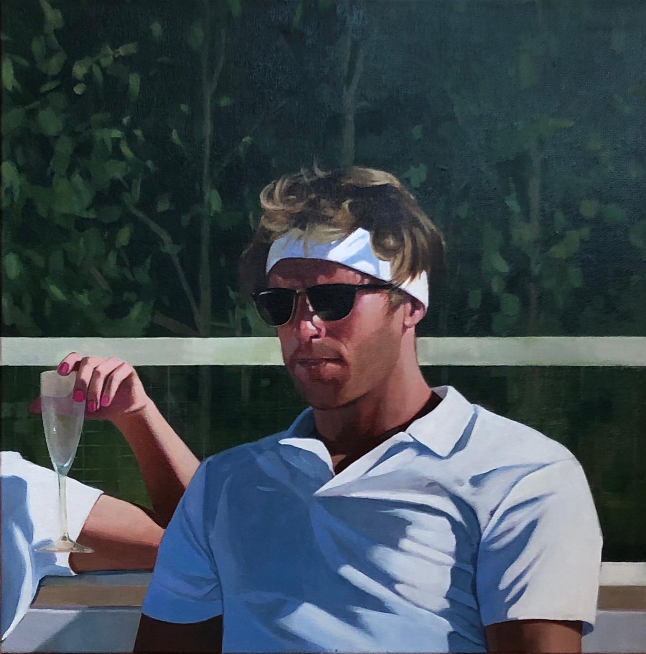 Realist oil portrait of a young man in tennis whites and sunglasses by American artist ELISABETH MCBRIEN. 
McBrien’s oil paintings reflect her interest in depicting the personal relationships we share with nature, and the places that have had a part