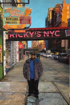 DAVID DESIMONE, American realist oil painting of NYC urban streetscape w figure