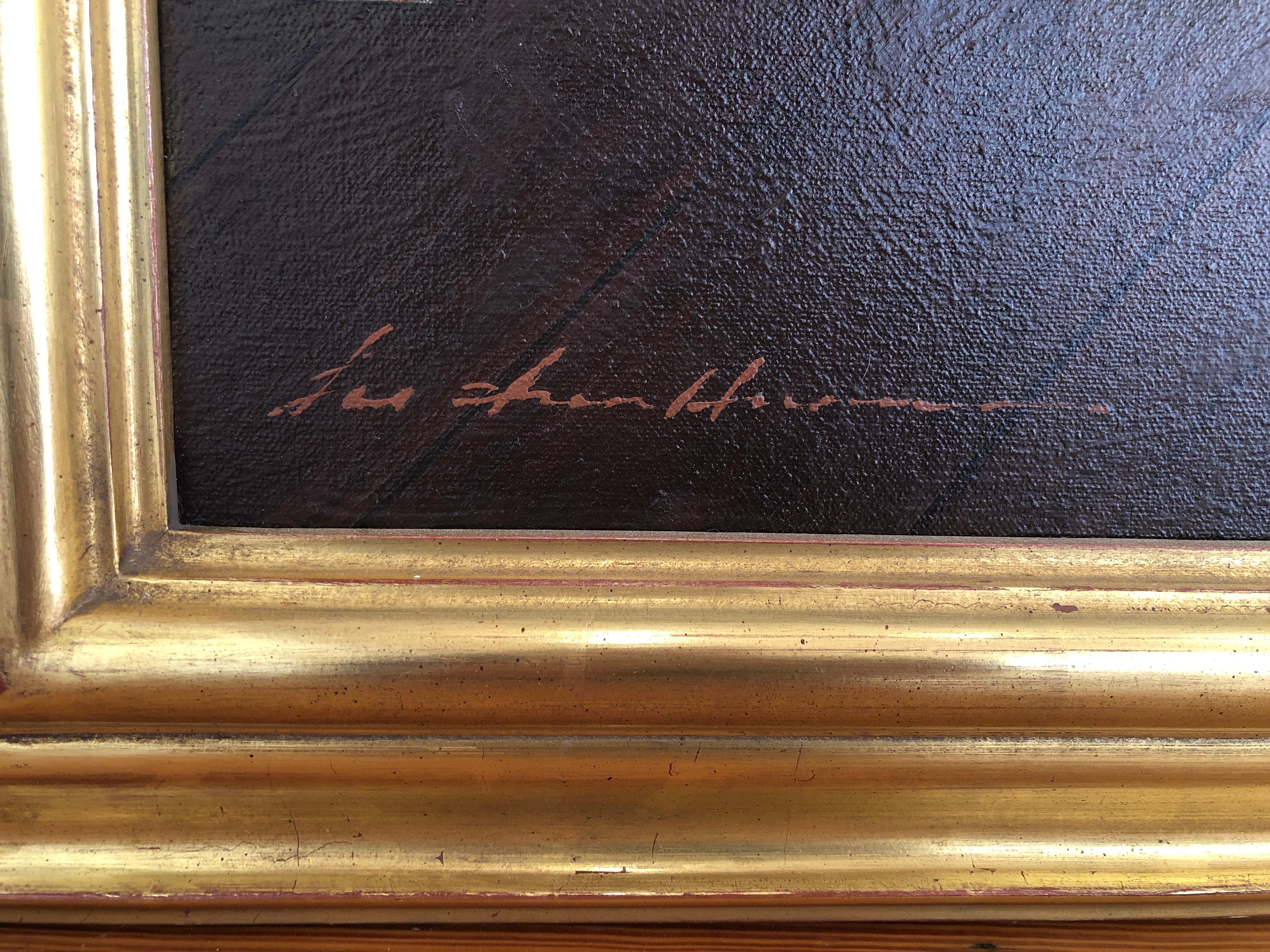 Interior oil painting of an American beach house bedroom by acclaimed Chinese- American artist Zhen-Huan Lu. Signed lower left 