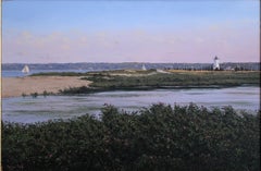 SERGIO ROFFO "Martha's Vineyard Lighthouse" realist sunset landscape with boats