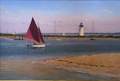 SERGIO ROFFO "Sailboat and Vineyard Lighthouse" sunset seascape oil painting