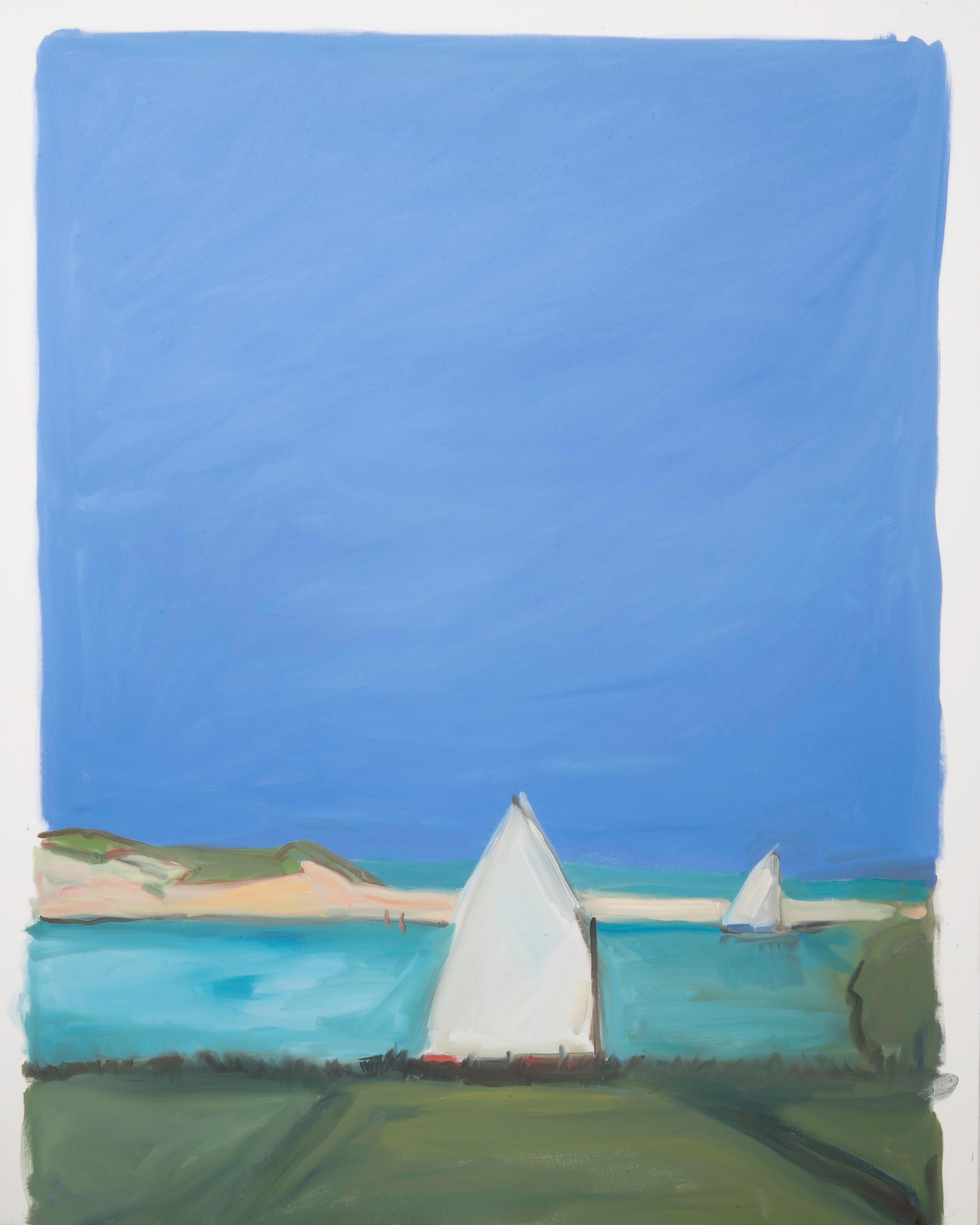 Cornelia Foss Landscape Painting - CORNELIA FOSS "Two Sailboats" contemporary seascape with blue sky oil painting