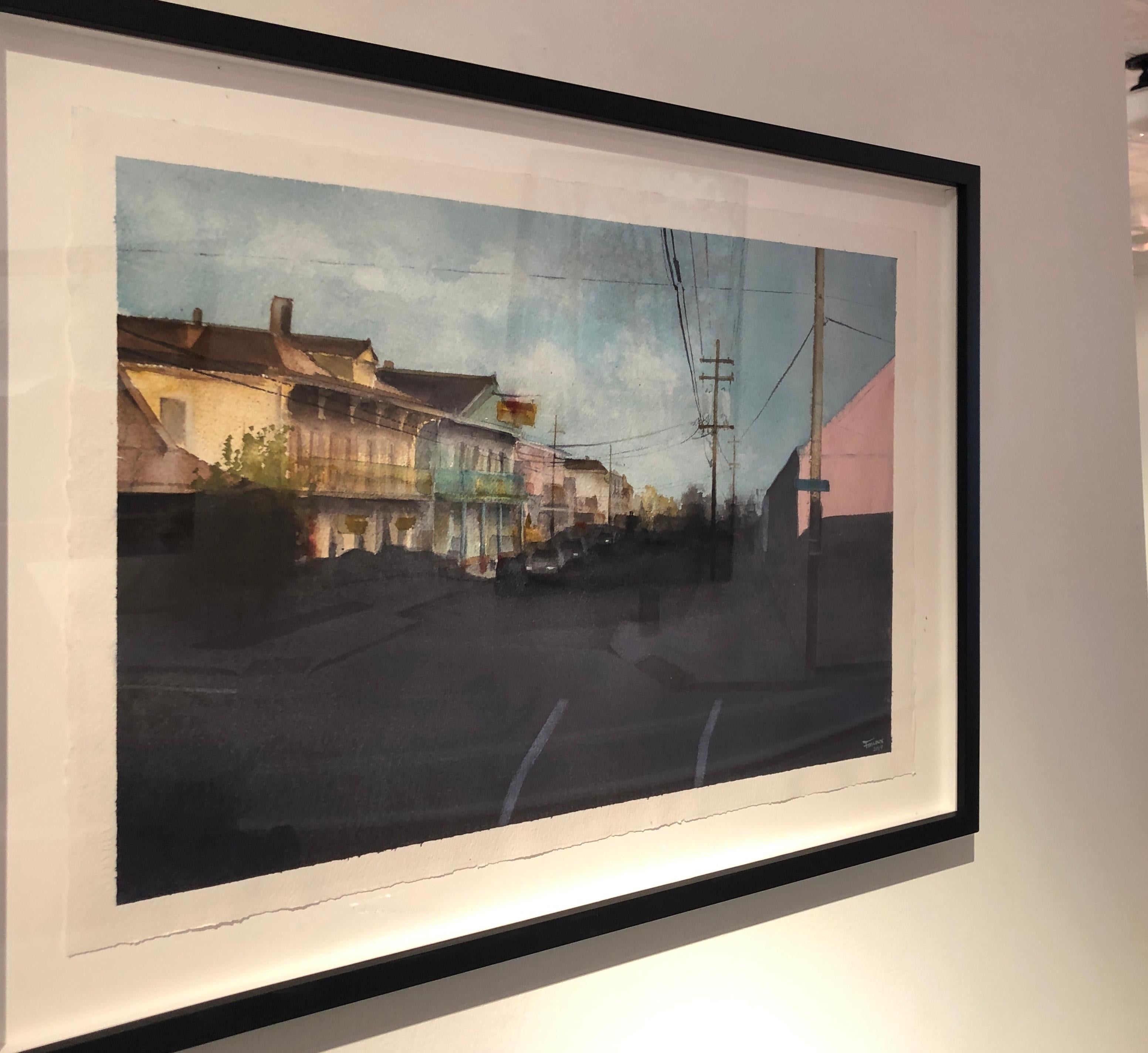 Watercolor on paper painting of street scene in New Orleans. FRAMED dimension are 19 x 26 1/2 inches. Well known for his PleinAir and Studio landscapes, Friloux is a Louisiana native living in New Orleans. In addition to watercolor he is