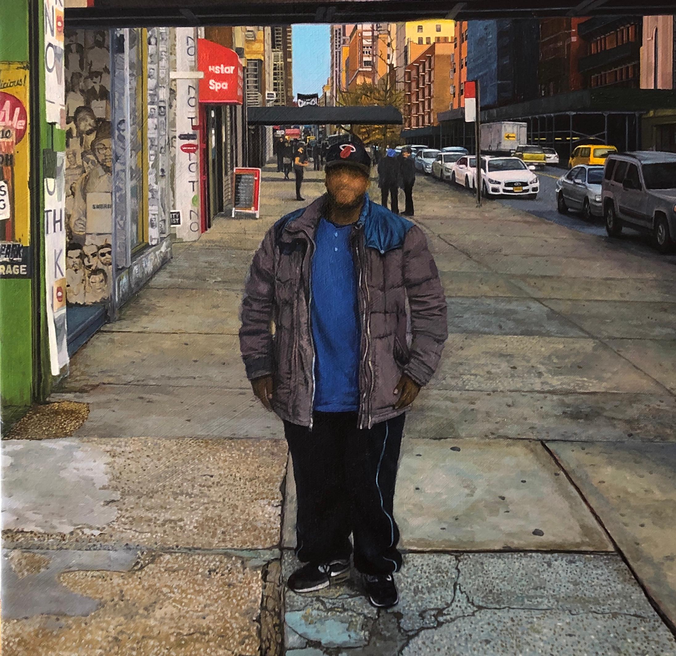 DAVID DESIMONE, American realist oil painting of NYC urban streetscape w figure - Painting by David Desimone