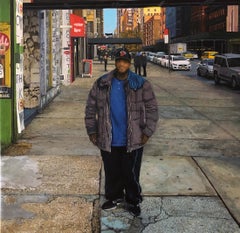 DAVID DESIMONE, American realist oil painting of NYC urban streetscape w figure