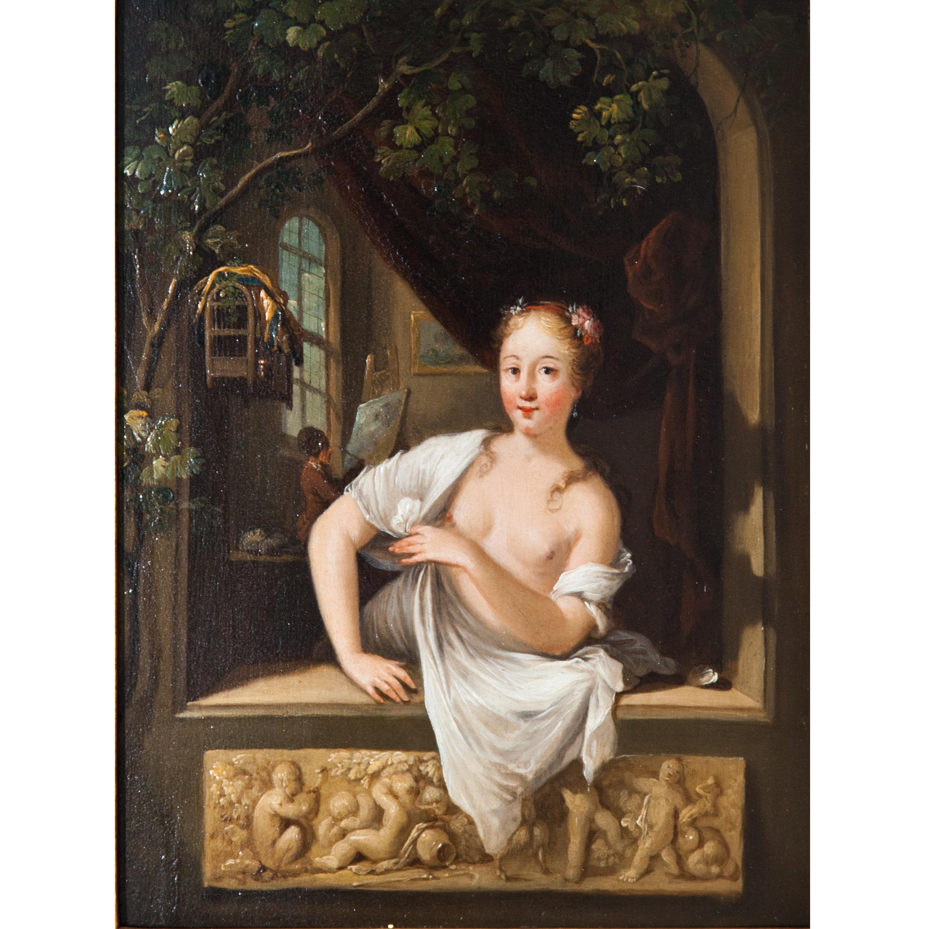 Pendelleuchte, C. W. E. Dietrich zugeschrieben, Fenstergemälde, Öl auf Holz (Barock), Painting, von Attributed to Christian Wilhelm Ernst Dietrich