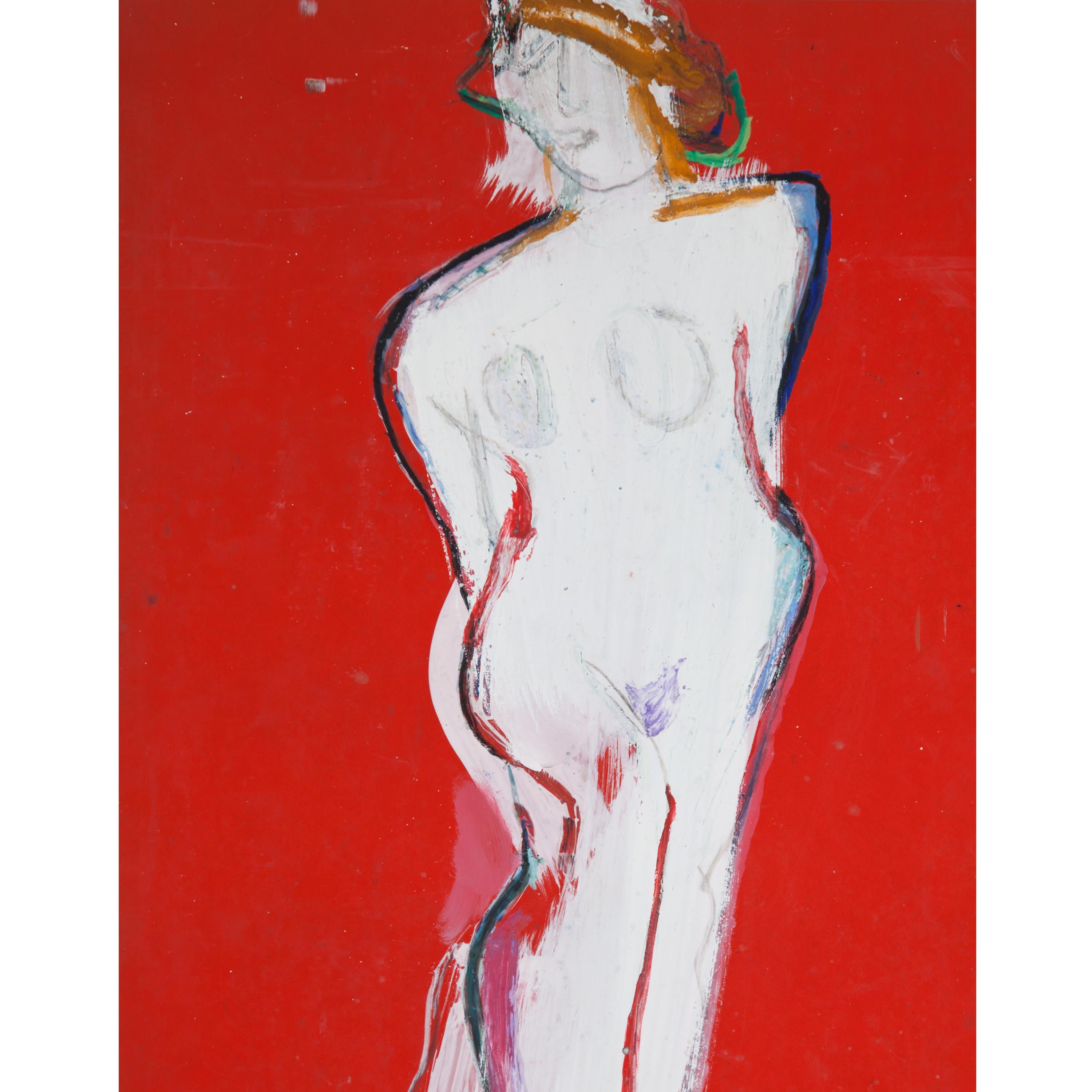 Expressionist representation of a standing female nude with hat on a deep red flat ground. A strong brush stroke reproduces the incarnate parts in white. The placement of a green horizon line nevertheless locates the "white lady" in space.