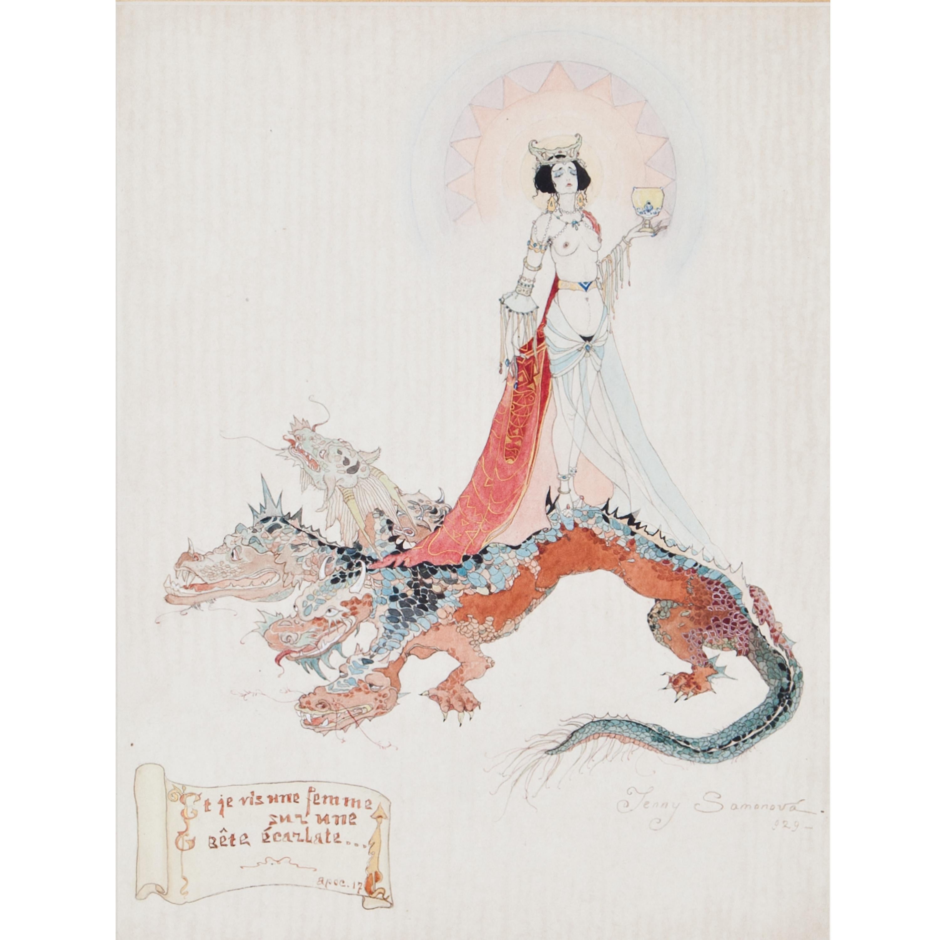 Watercolour on paper with depiction of a female nude with chalice and crown standing on a multi-headed dragon. Inscribed "Et je vis une femme sur une bête écarlate..." Apoc. 17.
Signed and dated lower right
Framed behind glass in Passe
