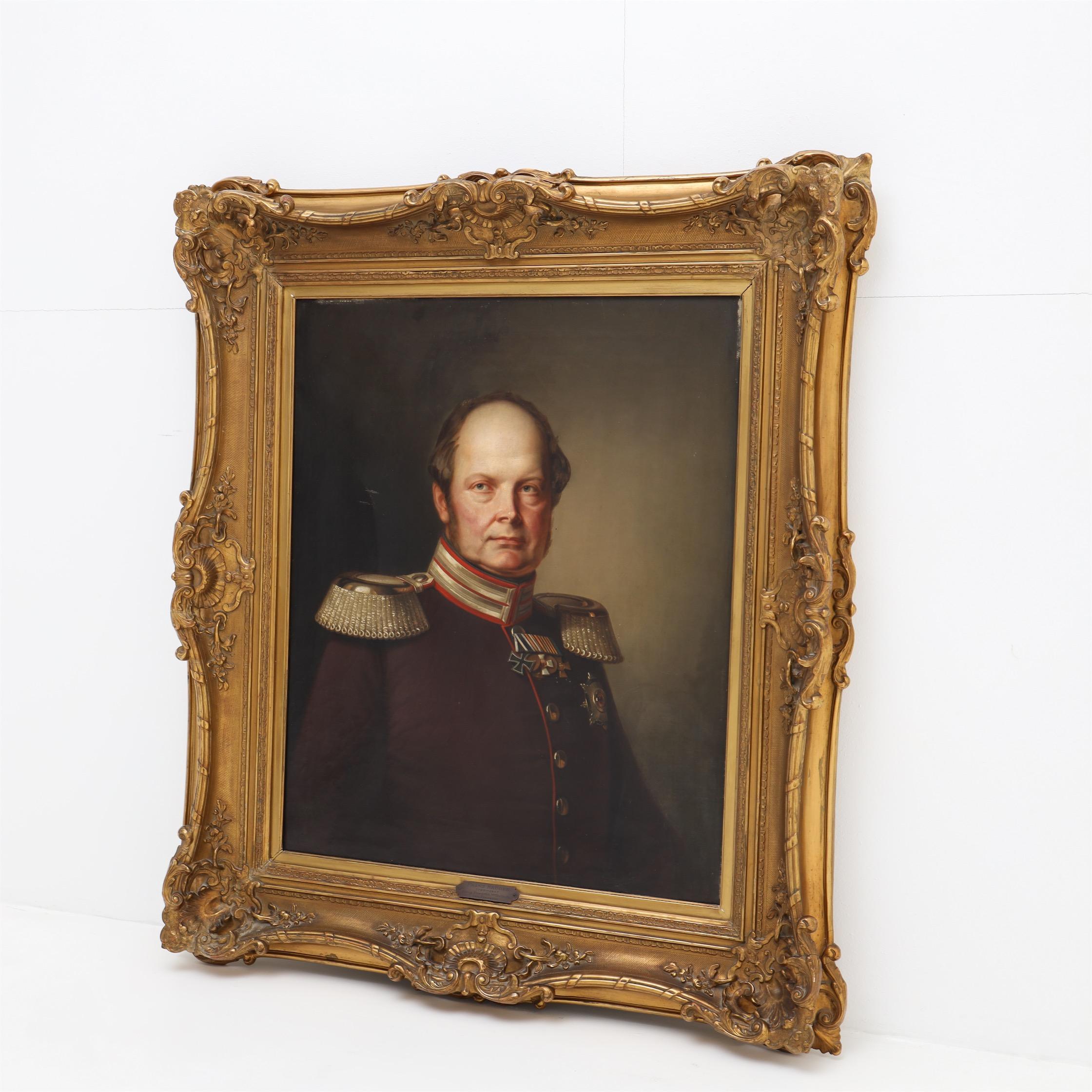 Portrait of King Friedrich Wilhelm IV. of Prussia in uniform with different orders, by Franz Krüger (1797-1857). 
Oil on canvas. 
In a golden patinated and stuccoed baroque style frame. 
Canvas size: 73,5 x 60 cm
Inventory labels on the reverse