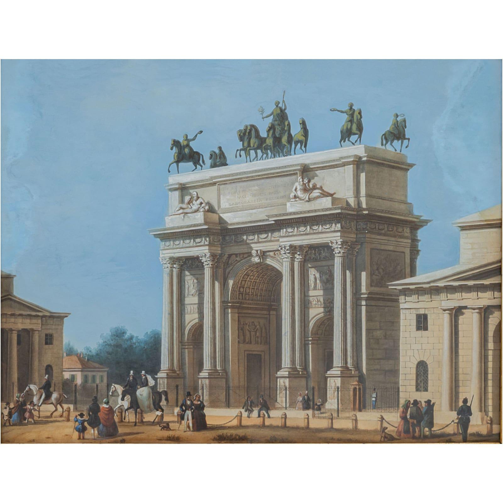 Landscape Art di Unknown - Acquerello "Arco della Pace" Milano, XIX secolo