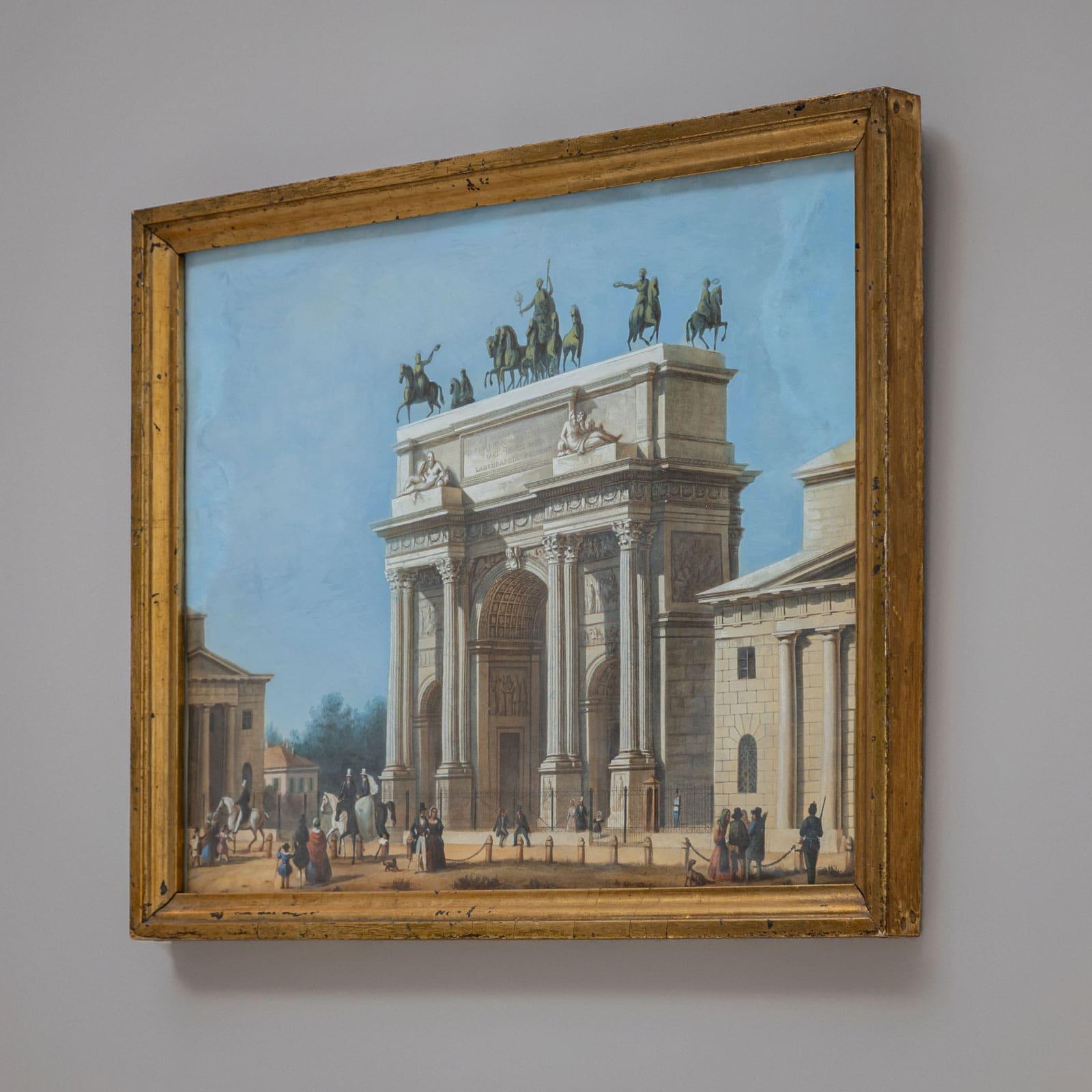 Un acquerello del XIX secolo che raffigura l'Arco della Pace di Milano, costruito nel 1806 in onore di Napoleone. L'opera ritrae l'arco di trionfo in un'esecuzione dettagliata, offrendo una prospettiva storica su questo monumento iconico. È