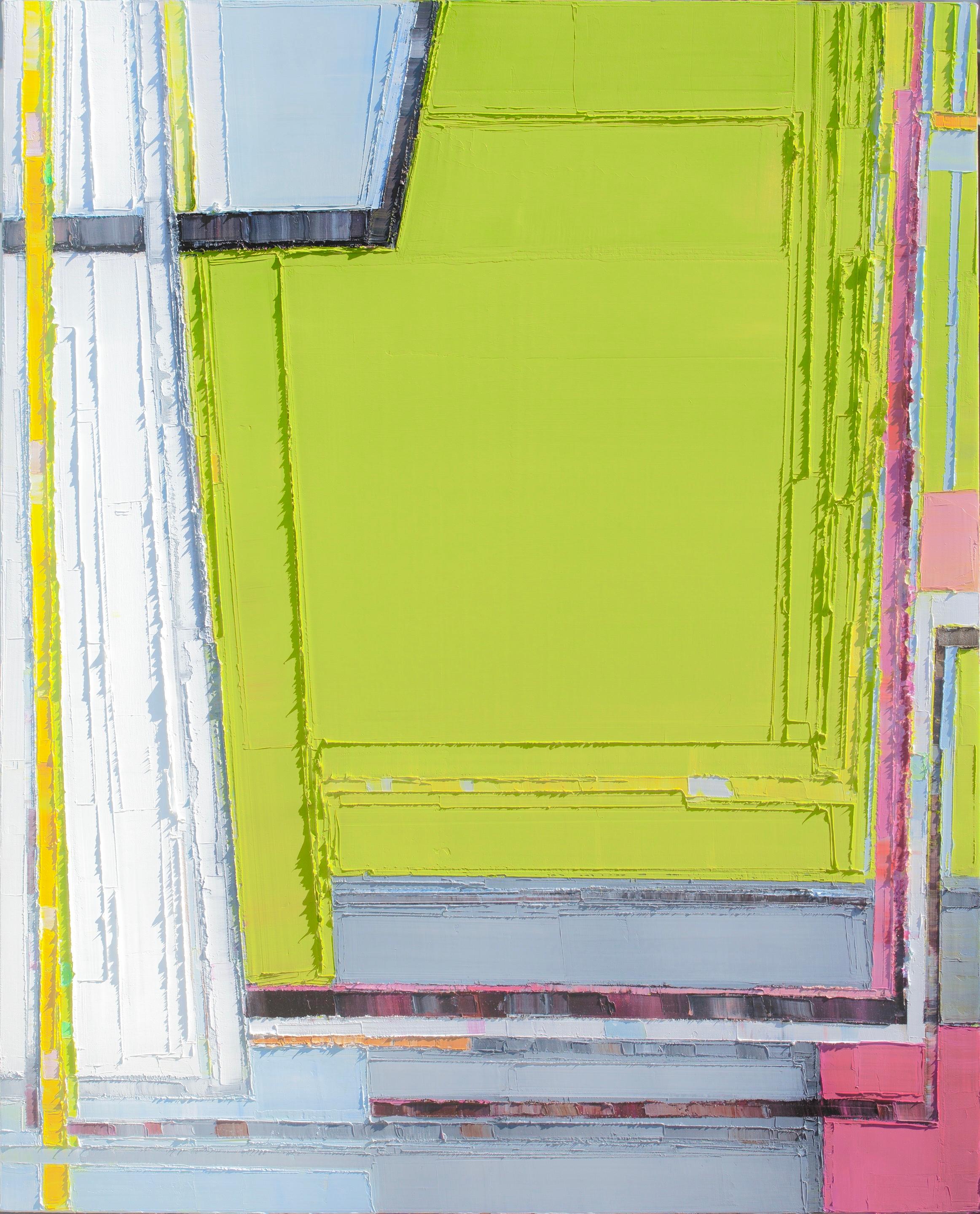 Maya Kabat Abstract Painting - Super Spatial 10, abstract, oil on canvas, impasto, green, pink, angular