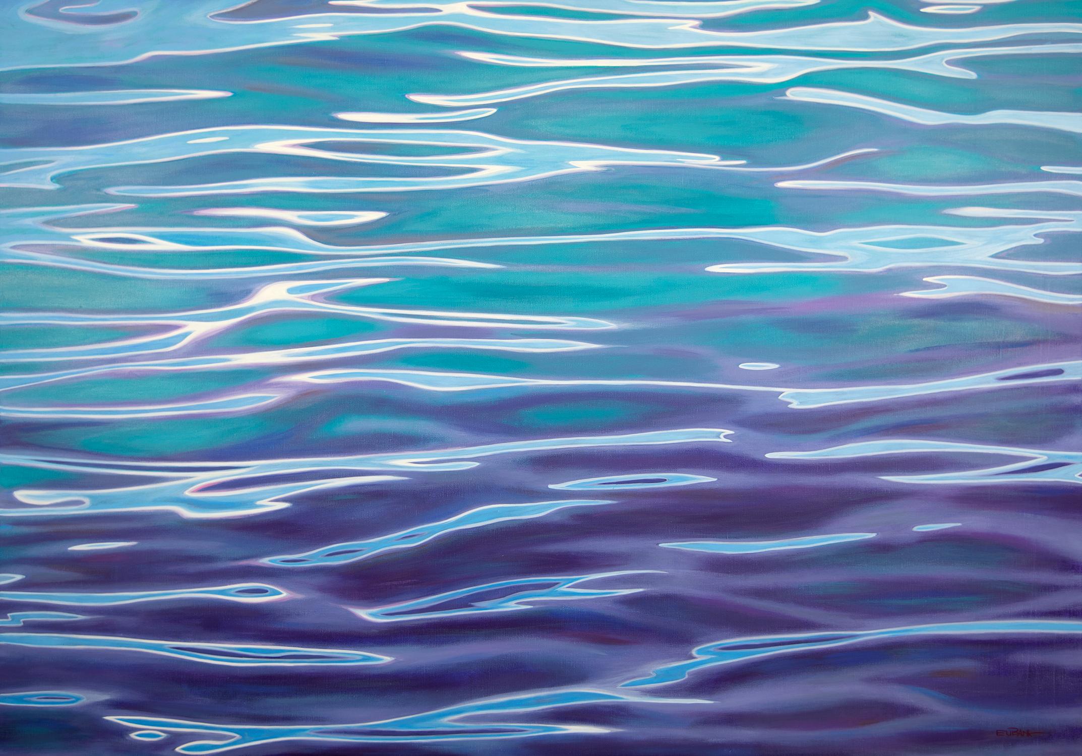 Danielle Eubank went on an expedition vessel to Antarctica where she sketched and took photographs of the the ocean, glaciers, and wildlife including seals. Eubank is an advocate for ocean preservation and protection. This painting is an abstracted