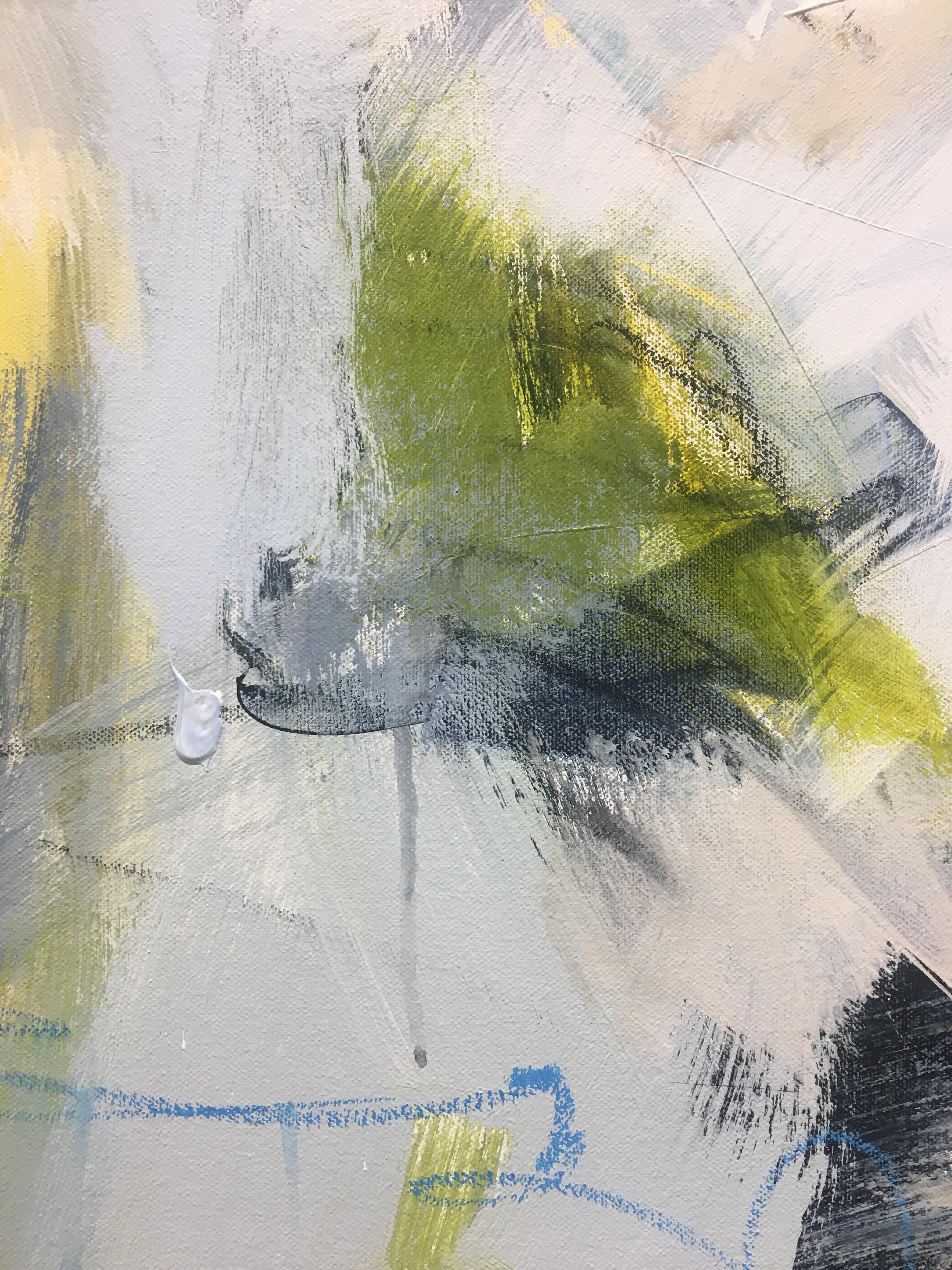 This abstract expressionist, large-scale painting is mixed media on canvas. Maria Burtis works with graphite, pastels, and acrylic primarily, and the unique textures and layers of each material is evident in her work. The artist makes small, daily
