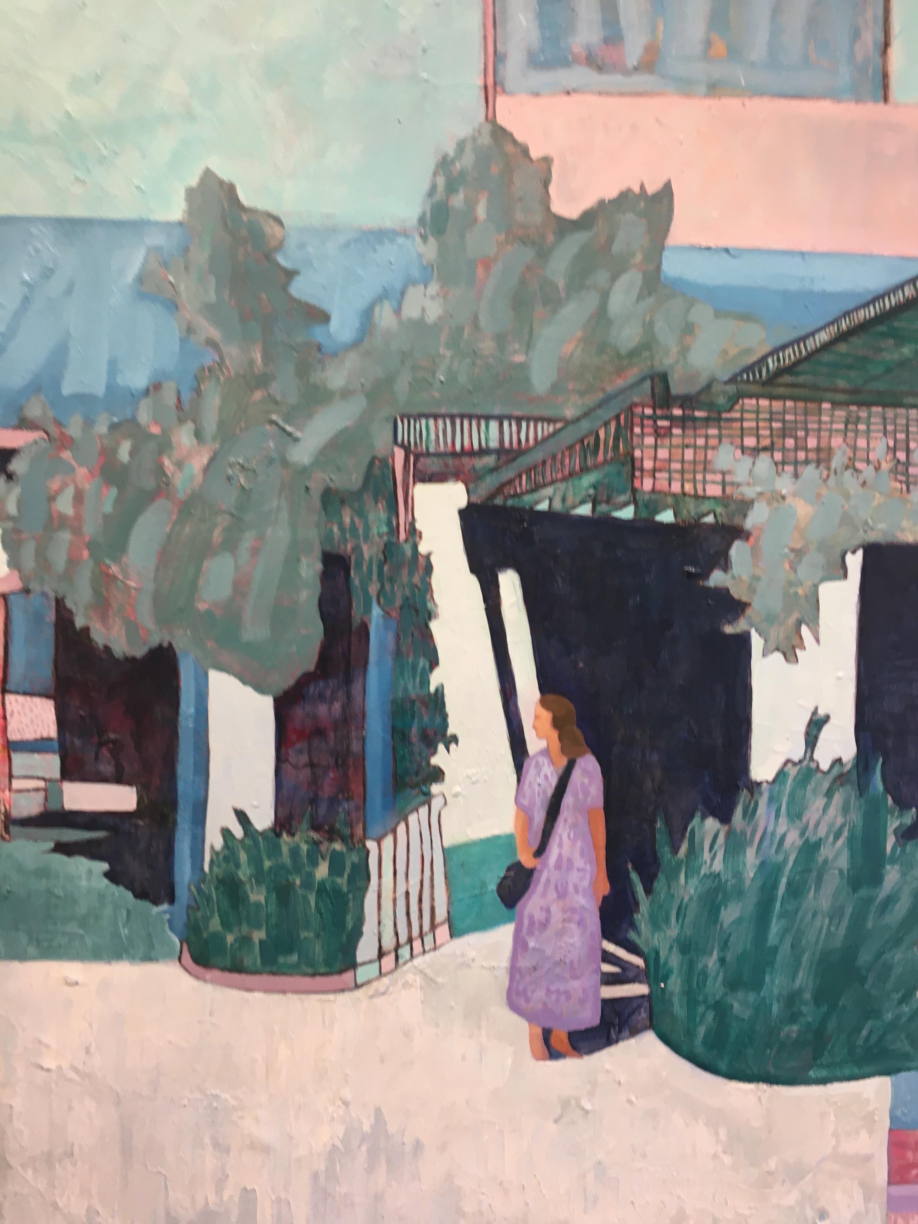 Blue Ojai, figurative, oil on canvas, framed, architectural - Gray Figurative Painting by David DeFelice
