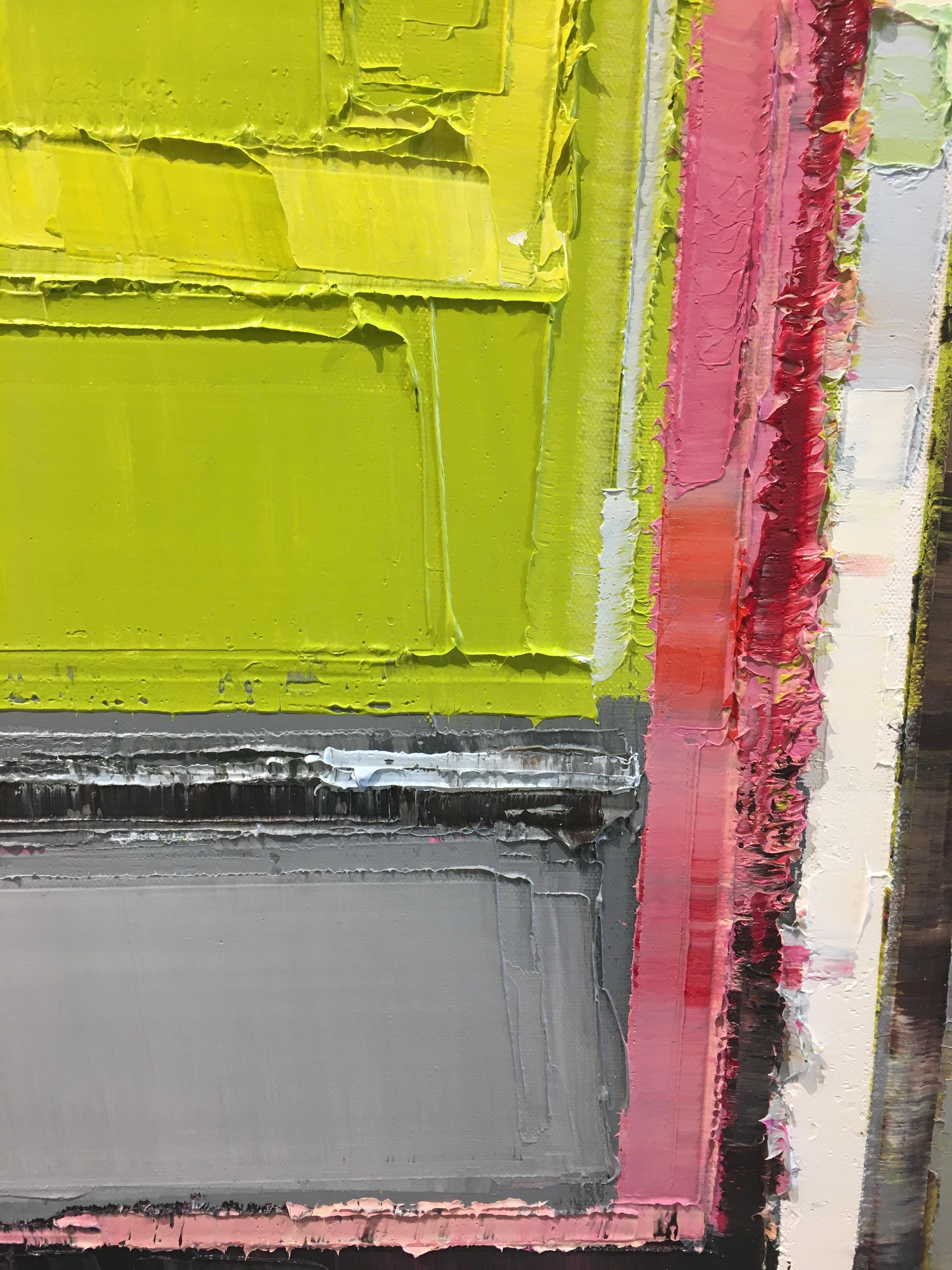 Super Spatial 10, abstract, oil on canvas, impasto, green, pink, angular - Green Abstract Painting by Maya Kabat