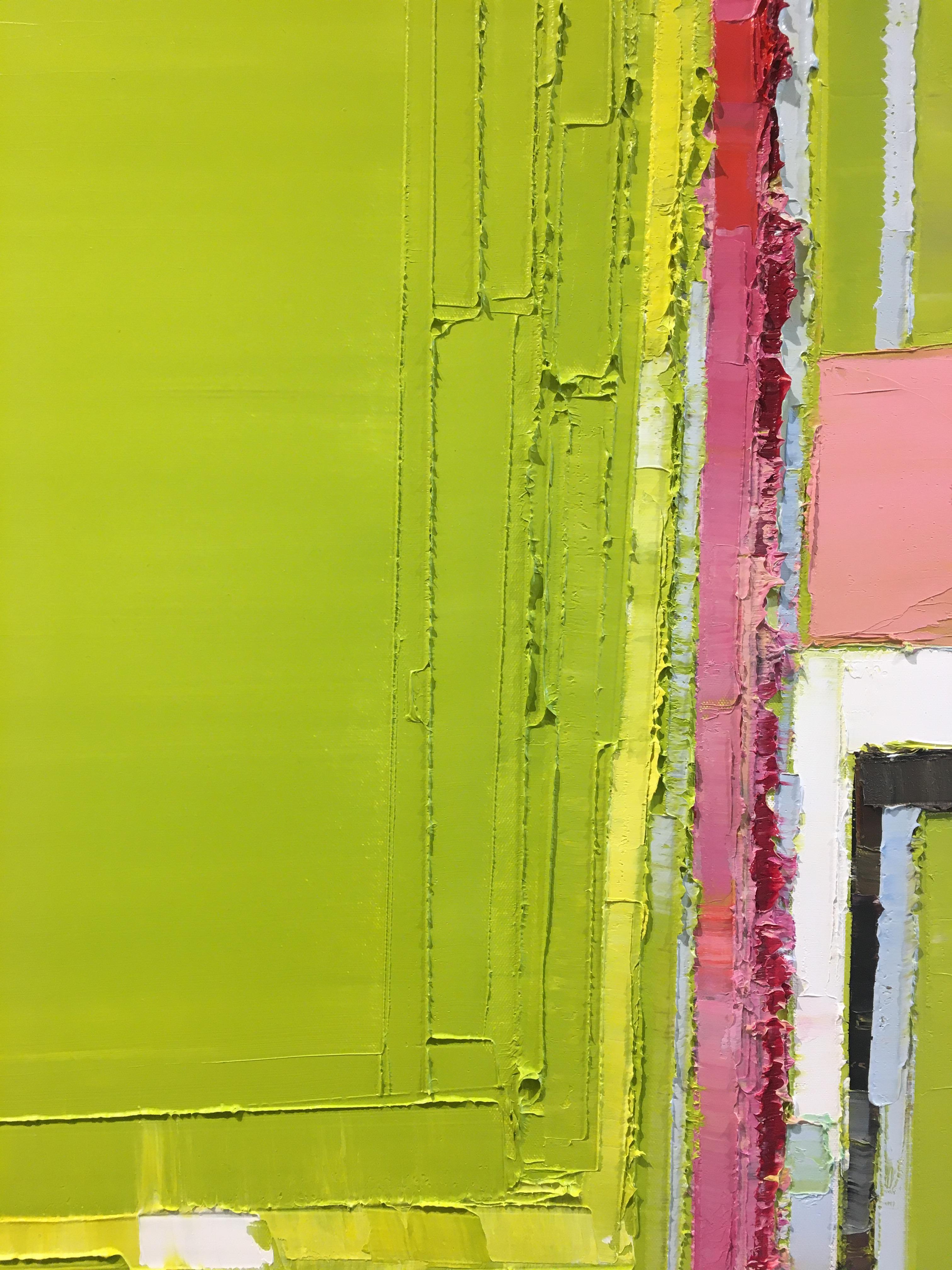 Maya Kabat’s abstract oil paintings reference the urban landscape of Northern California, exploring relationships between architectural elements, California light, and the balance of color, line, plane, and space. Her work often uses intense colors