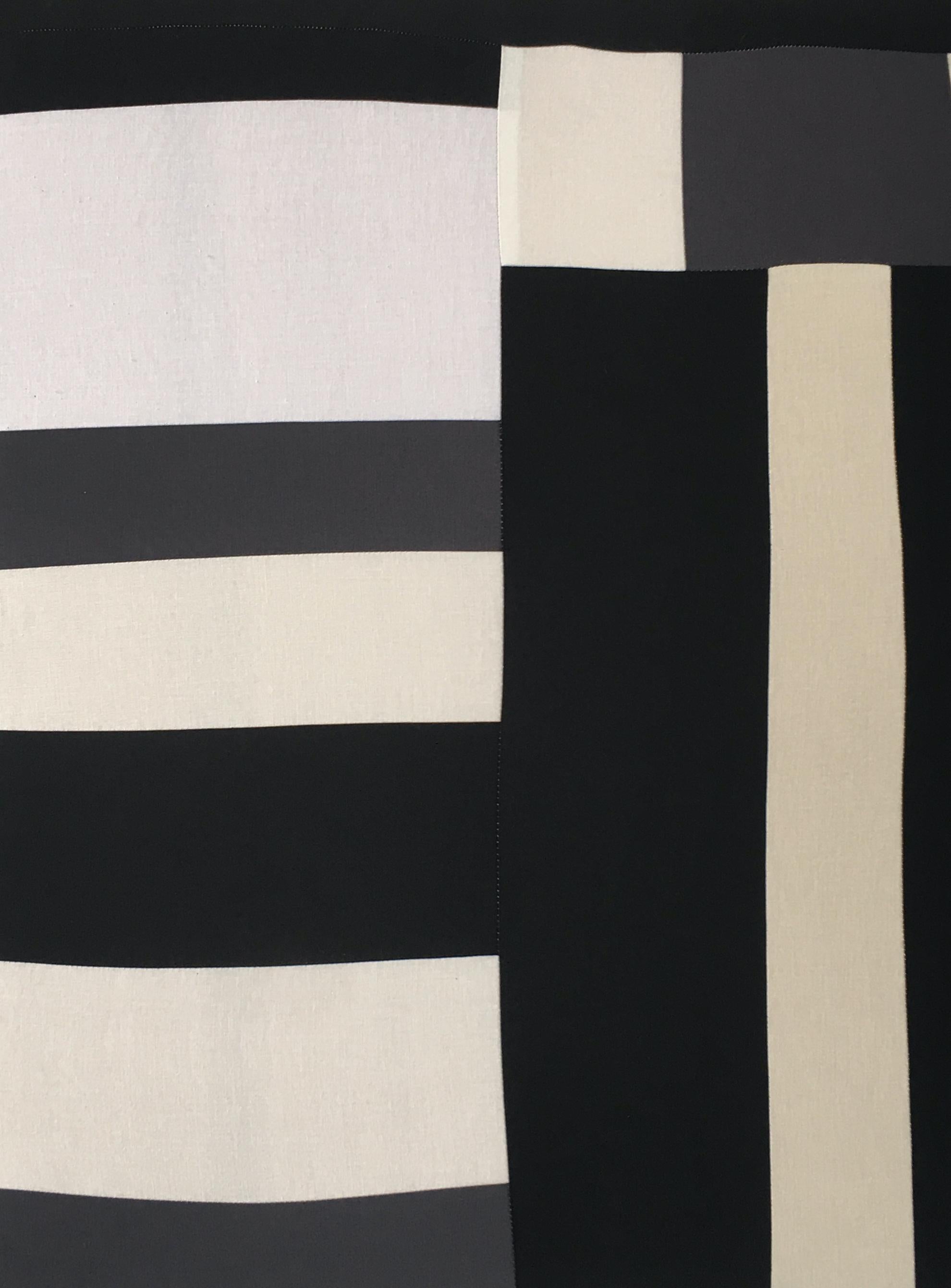 No Spoken Word, textile, cotton, patchwork, geometric abstraction, black, white - Abstract Geometric Mixed Media Art by Heather Jones