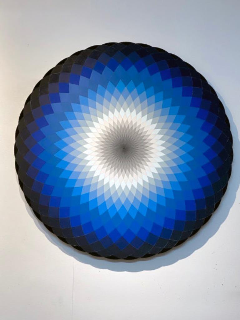 Christine Romanell Abstract Sculpture - Chesum,  geometrical circular Wall painting with blue, white and black hues