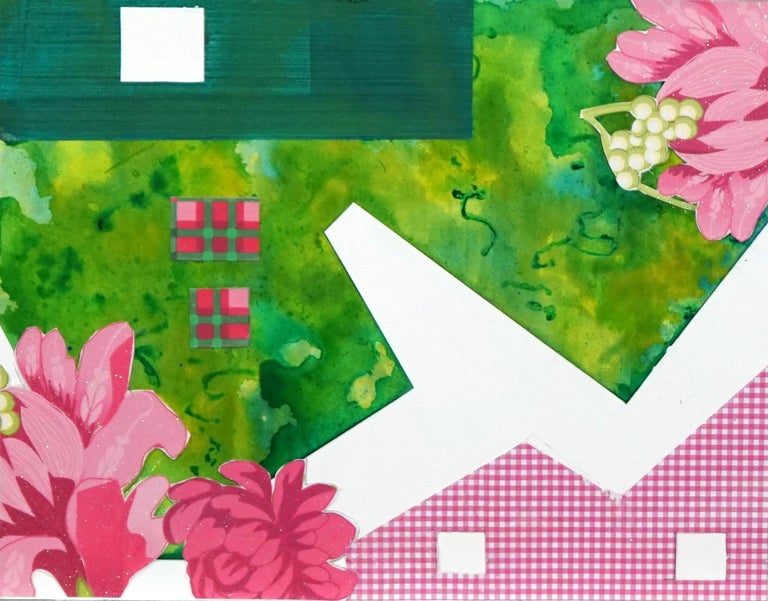 Lisa Petker-Mintz Abstract Painting - Green House and Pink Flowers