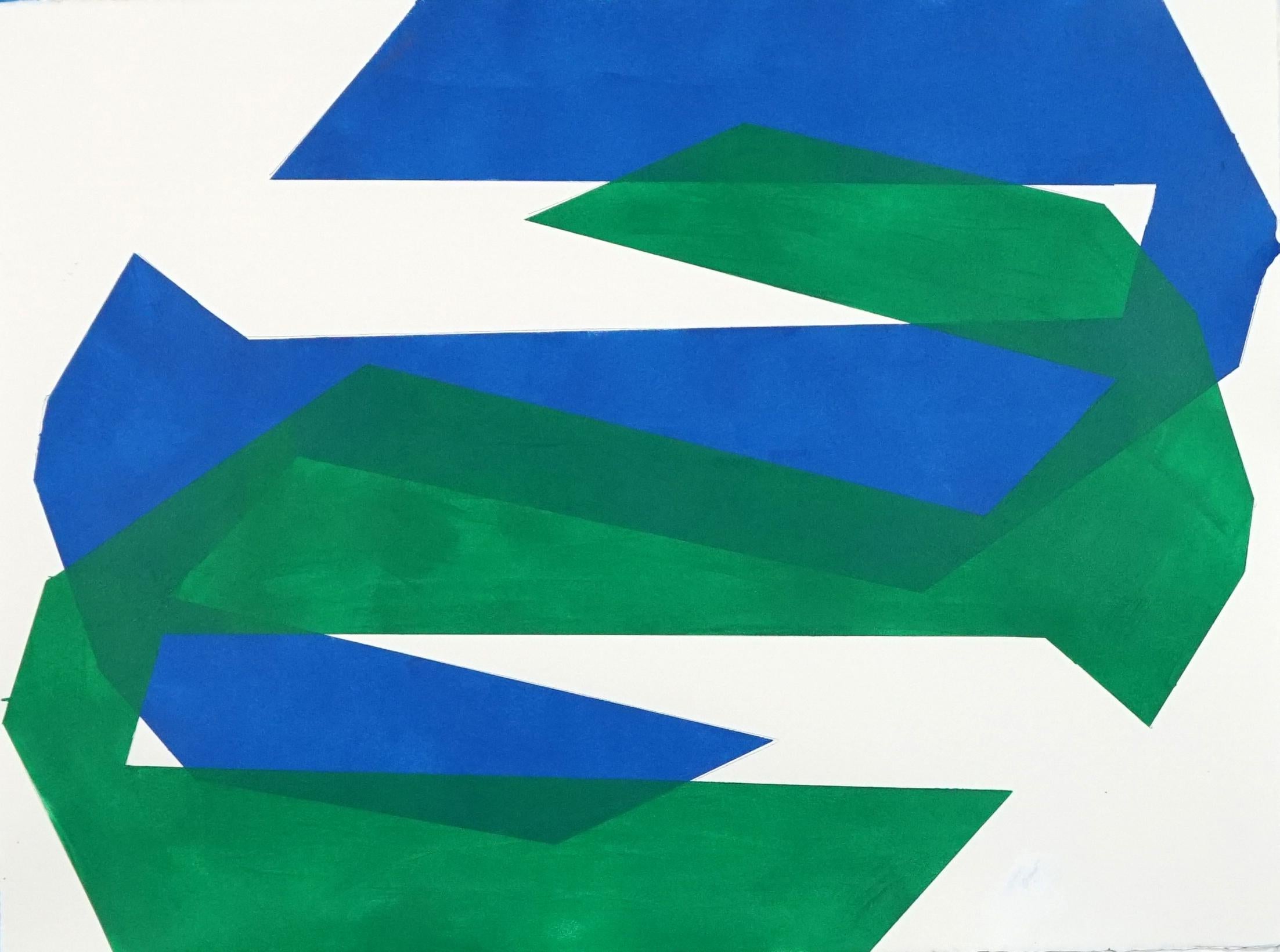 Lisa Petker-Mintz Abstract Painting - Blue and Green Zig Zag