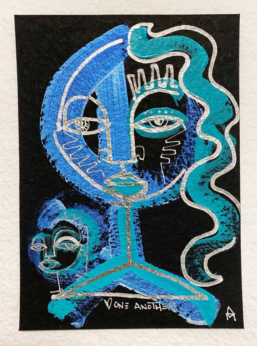 Love One Another, Blue, teal acrylic & chrome ink on paper by Alice Mizrachi